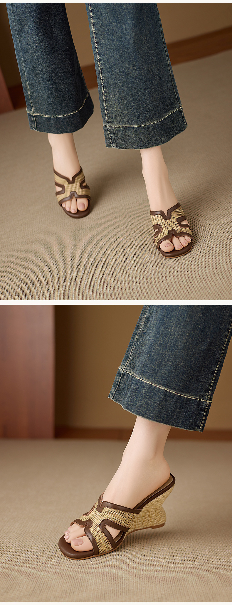 Sandal cao gót nữ mũi vuông hở ngón đế xuồng đan rơm phong cách nghỉ dưỡng — màu nâu, màu trắng ngà chi tiết 9