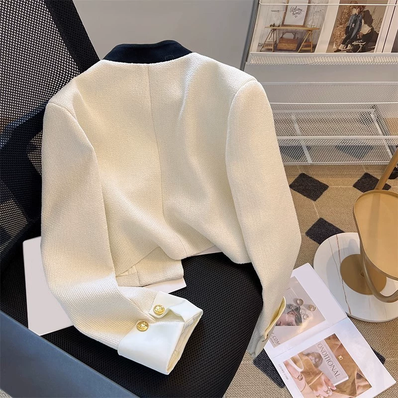 Белая осенняя куртка, стиль Chanel, французский стиль, стиль высокого качества, высокая талия