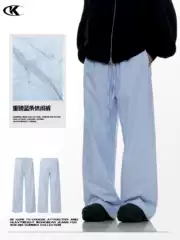 11Kn American Simple Blue Vertical Stripesd Straight Casual Pants for Men and Women with Drawstrings Slimming Look Wide Legs Trendy Loose Stereo Pants