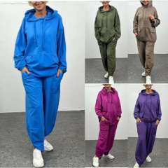 欧美 跨境 女装2025秋冬新款时尚休闲套装纯色长袖长裤连帽两件套