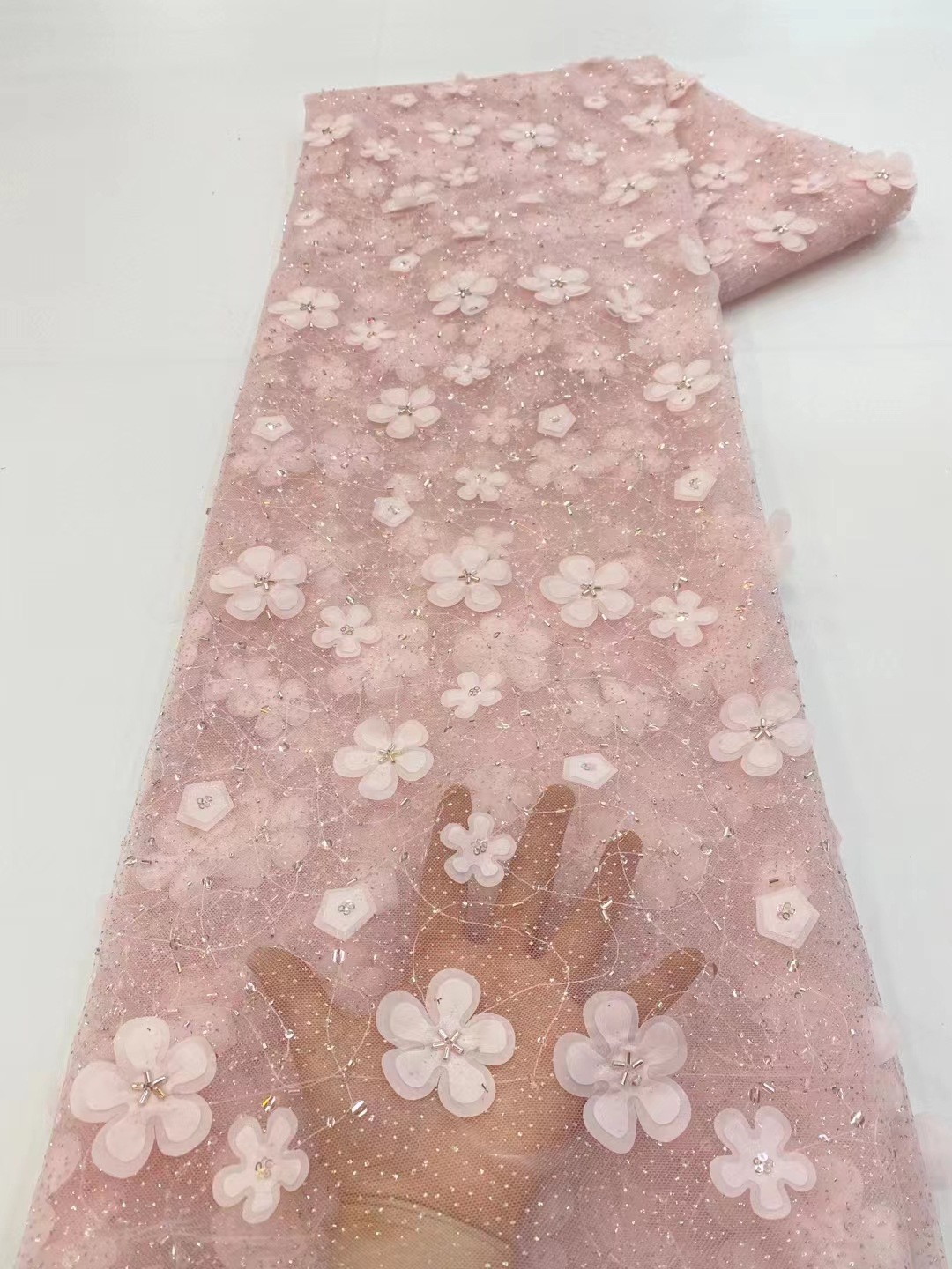 Tela de encaje de flores tridimensional con cuentas ropa infantil fresca vestido de hadas tela de encaje bordado JX3429