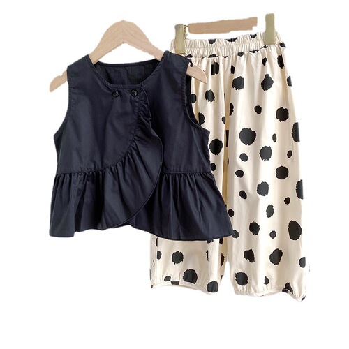 2024 summer new Korean style girls lotus leaf vest, stylish polka dot bloomers, fashionable two-piece set, dropshipping