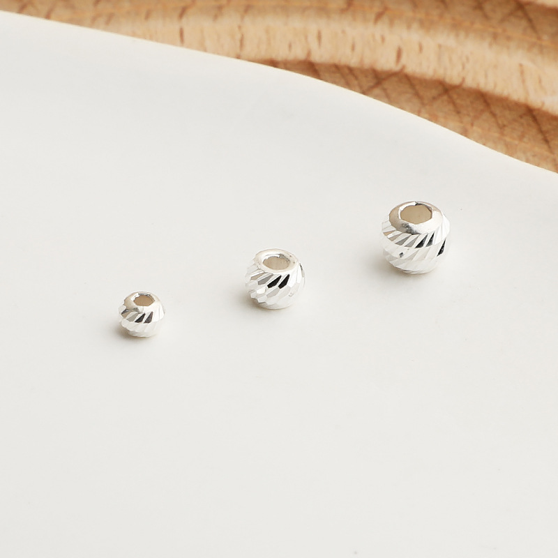 s925纯银精工斜纹珠车花隔珠DIY串珠手链项链圆珠散珠饰品配件