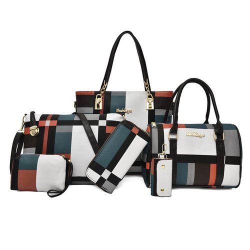New checkered six-piece set mother and child tote bag, color-blocked trendy women's shoulder handbag, cross-border dropshipping worldwide