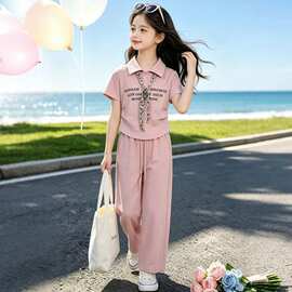 女童Polo衫套装夏季2026新款儿童针织印花短袖女孩阔腿裤两件套潮
