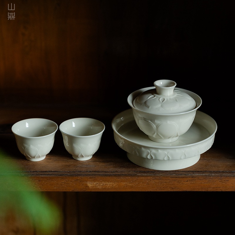 仿宋定窑白盖碗品茗杯功夫茶具泡茶碗茶壶莲花壶承建水家用品茗杯