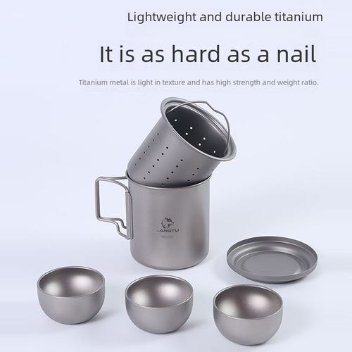 Portable pure titanium Gongfu tea set for outdoor travel, brewing cup with foldable handle and filter, camping set