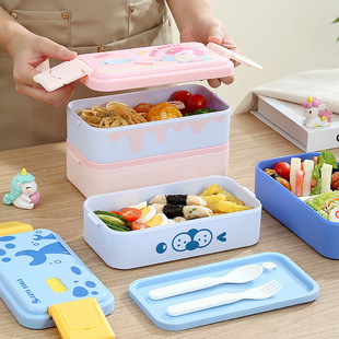 Cross-Border Cartoon Lunch Box Student Double-Layer Portable Lunch Box Large Capacity Lunch Box Outdoor with Tableware Microwaveable