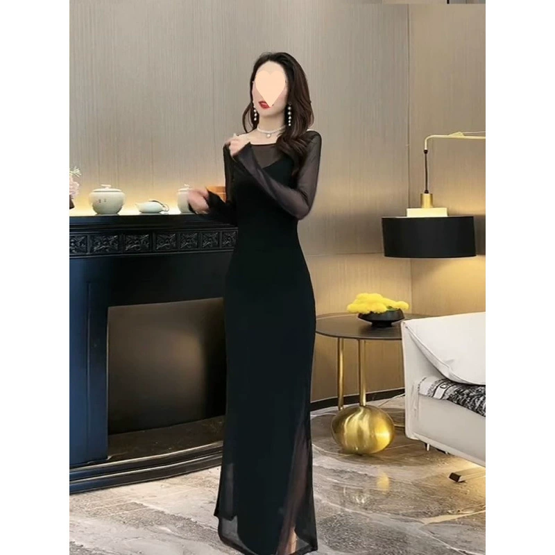 Осенний комплект из двух предметов для светских львиц: платье на тонких бретельках с сетчатым накладным материалом, утягивающее, нишевое, модное, сексуальное и элегантное.