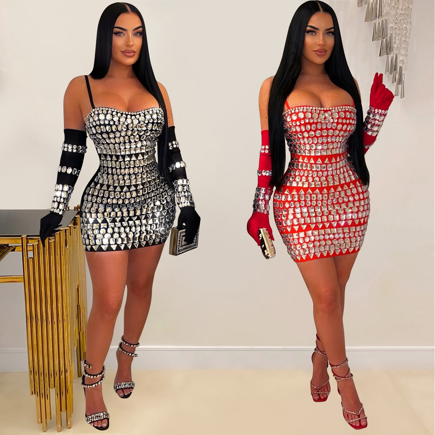 C6888 Transbordador AliExpress Amazon Moda europea y americana Vestido de falda larga con guantes de honda sexy de diamantes calientes para mujer image 1