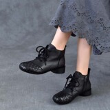 以一 Демисезонные кожаные плетеные короткие сапоги, ретро ботинки, из натуральной кожи, мягкая подошва