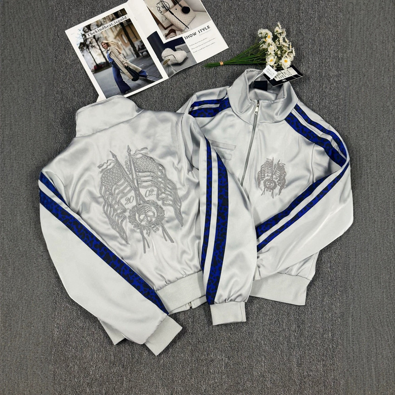 Cross-border European and American street punk Y2K embroidered satin color-blocked ribbon leopard print stand-up collar jacket for men and women, new style Cross-border European and American street punk Y2K embroidered satin color-blocked ribbon leopard print stand-up collar jacket for men and women, new style