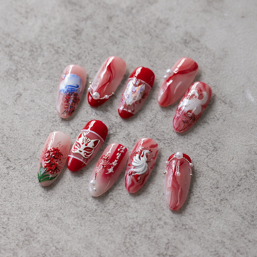 Tensor Chinese Style Red and White Laser Fox Demon Nail Stickers M316 Light Luxury Dark Style Fox Face Adhesive Nail Stickers