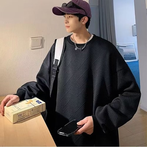 Men's Round Neck Sweatshirt, American Style, Hatless, Loose Fit, Long Sleeve Base Layer Top for Autumn and Winter, Couples' Top, Honeycomb Pattern