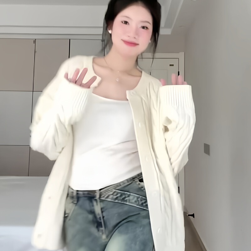 针织开衫女春秋宽松外穿韩系温柔慵懒风复古秋冬麻花毛衣外套|undefined