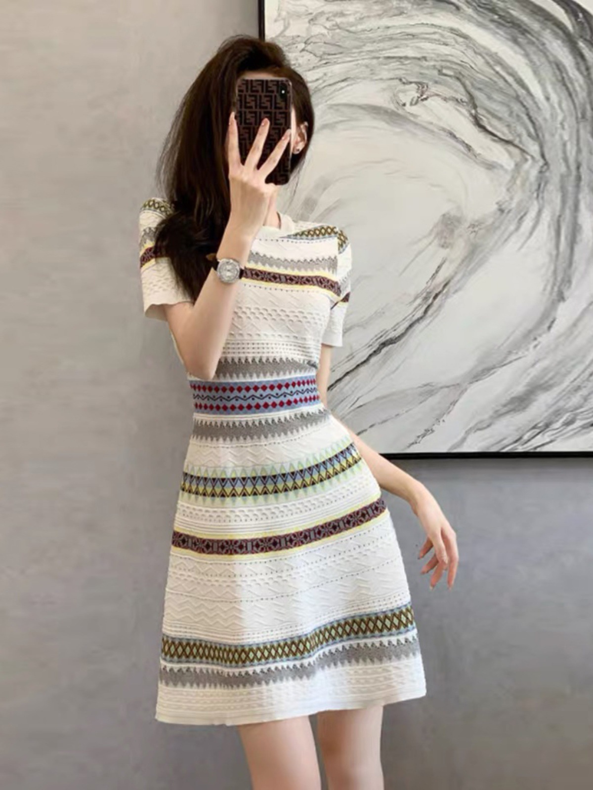 Váy dệt kim ngắn tay phong cách nữ thần sang trọng — màu xanh