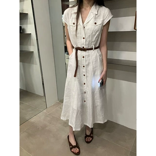 FOX ROOM 全亚麻翻领短袖连衣裙2026夏新款腰带单排扣长裙 A6395