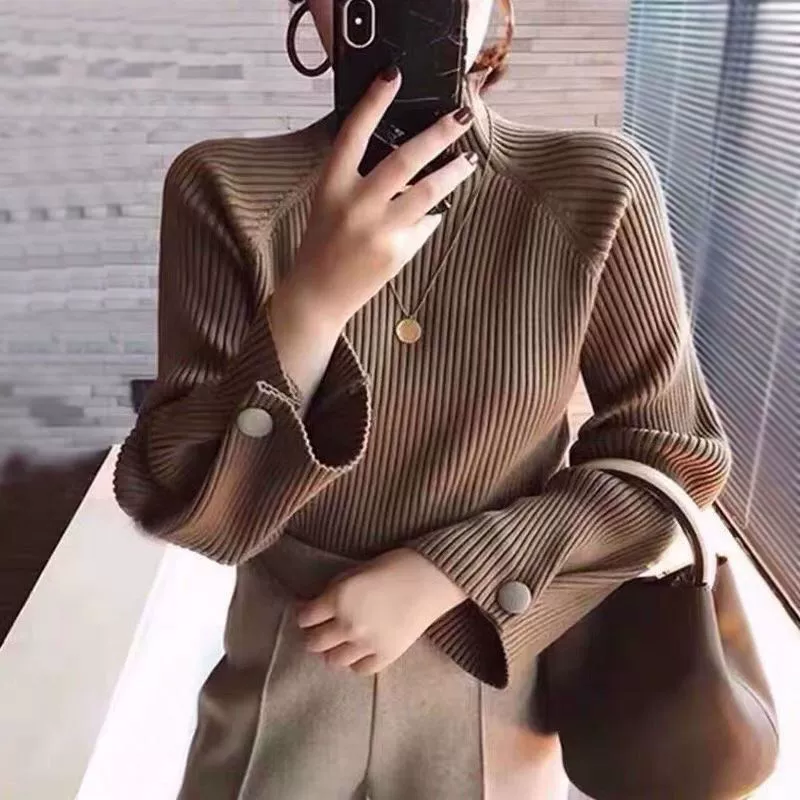 Spring fitted keep warm knitted sweater, loose fit, high collar