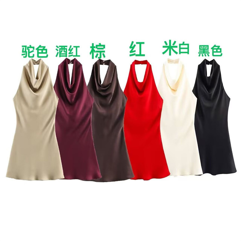 Foreign Trade Wholesale European and American New Style Halter Neck Silk Satin Texture Backless Mini Suspender Dress 8741074