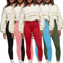 HR25081 欧美时尚女装抽绳收腰尼龙上衣瑜伽裤运动休闲两件套套装