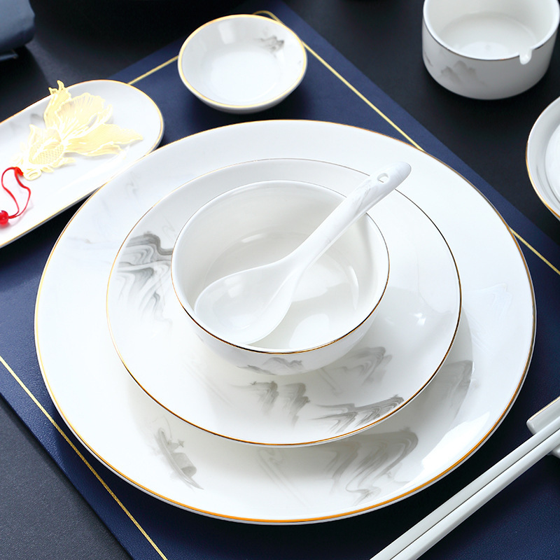High-end hotel club Table tableware golden edge new Chinese restaurant restaurant commercial three-piece bone china bowl dish suit High-end hotel club Table tableware golden edge new Chinese restaurant restaurant commercial three-piece bone china bowl dish suit