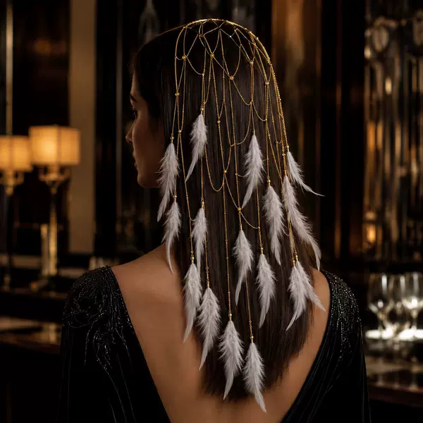 Cross-border New Products Long Tassel Feather Hair Chain European and American Fashion Bride Mesh Hollow Women Hair Band hair chain