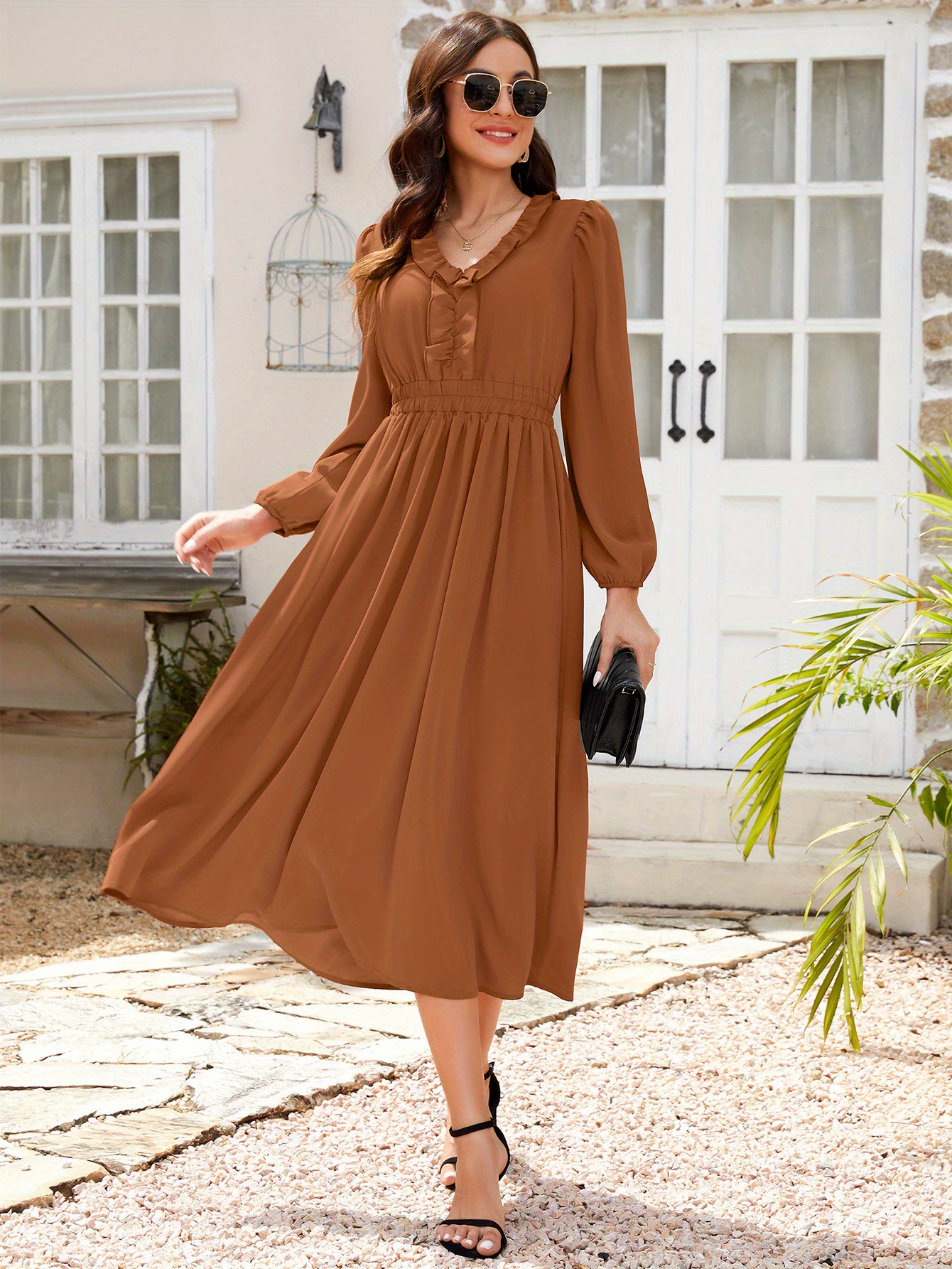 Elegant Light Blue Midi Dress for Women V Neck with Ruffle