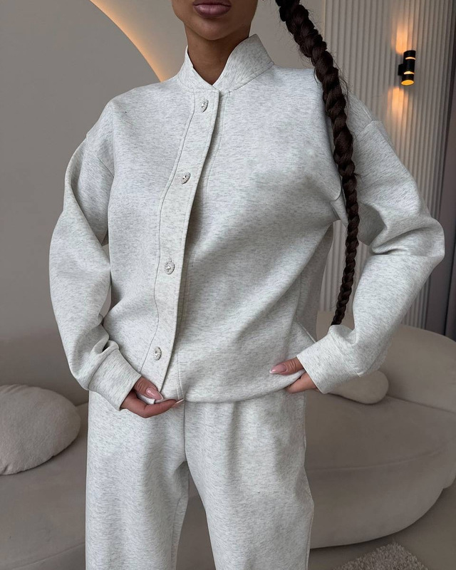 欧美外贸女士休闲套装长袖排扣开衫纯色外套松紧阔腿裤时尚二件套|undefined