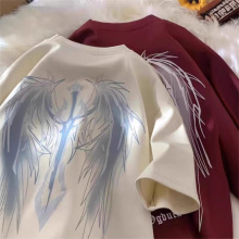 跨境美式高街短袖t恤男夏季复古设计感大翅膀圆领半袖情侣装上衣