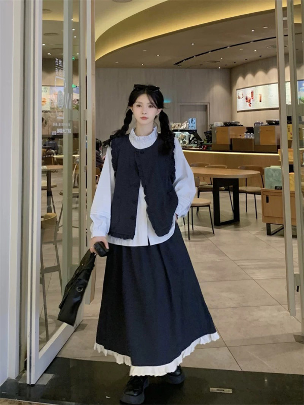 学院风森系复古文艺格子马甲背心外套高腰半身裙衬衣三件套装女秋|undefined