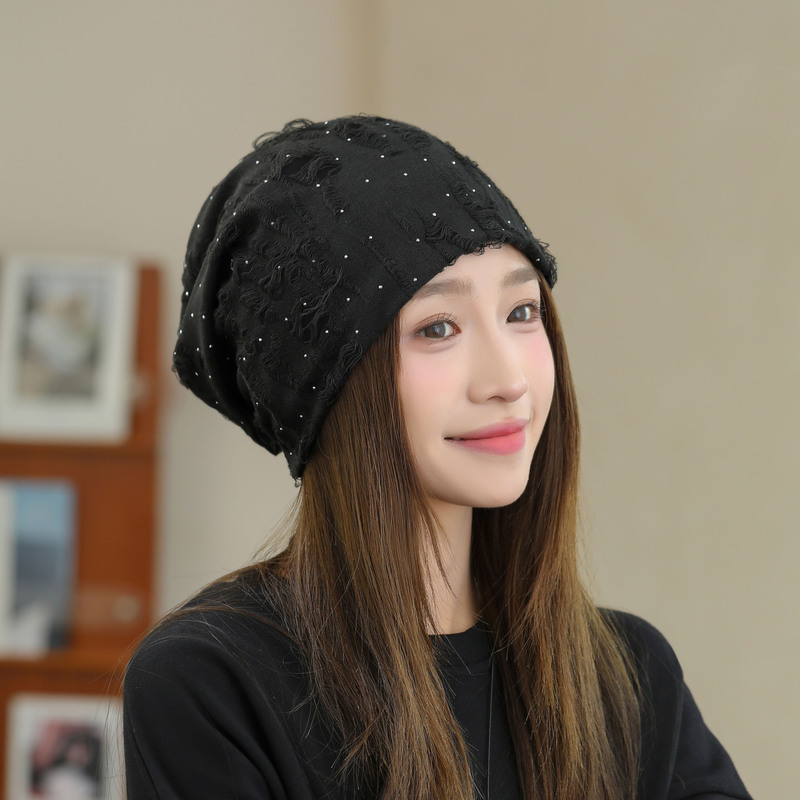 显脸小堆堆帽女秋冬大头围冷帽宽松时尚新款百搭水钻透气包头帽子|undefined