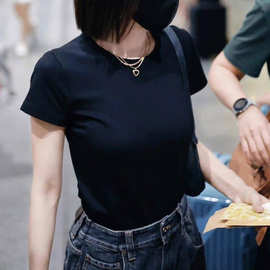 秦岚同款黑色短袖T恤女2024夏季修身百搭圆领正肩纯棉打底衫上衣