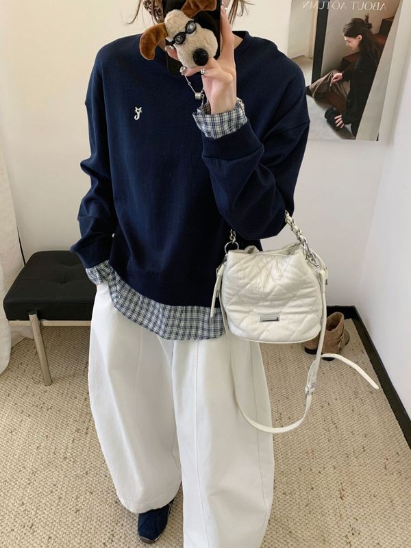 3603长袖假两件卫衣女2025秋圆领格子韩版宽松长袖上衣女韩国卫衣|undefined