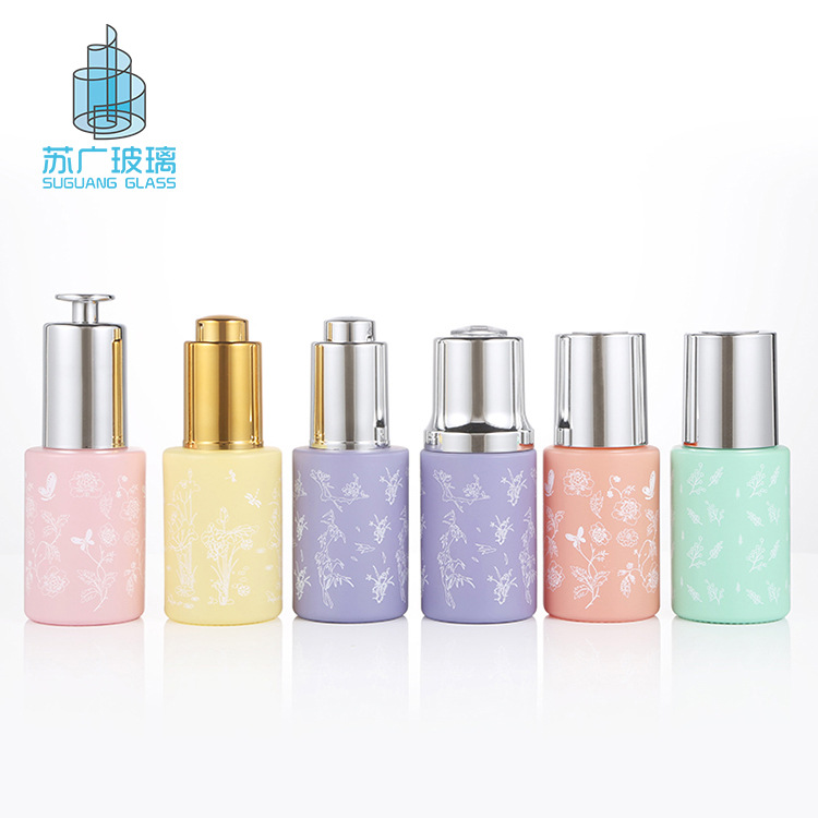 30ml马卡龙磨砂按压滴管瓶圆柱平肩精油瓶护肤瓶精华液玻璃瓶