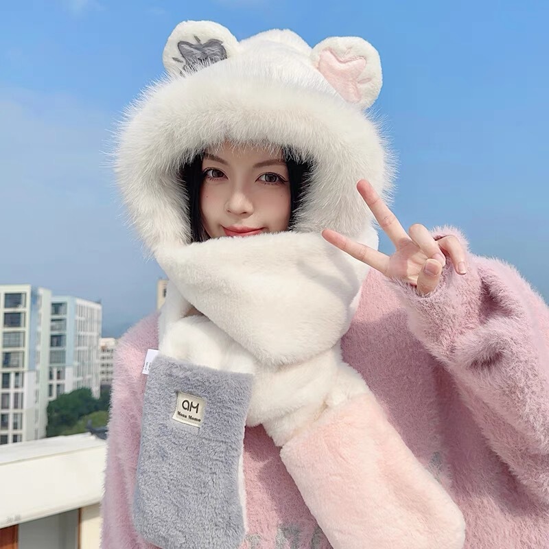 毛绒小熊耳朵帽子围巾手套一体三件套可爱女冬季骑车护耳保暖围脖|undefined