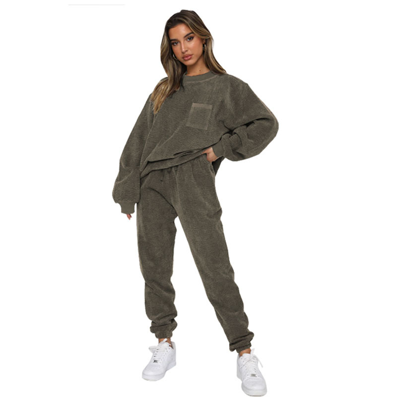 Women's Clothing Autumn and Winter New Corduroy Solid Color Round Neck Pullover Long Sleeve Two piece Fashion Pants Suit for Women_voghion.com