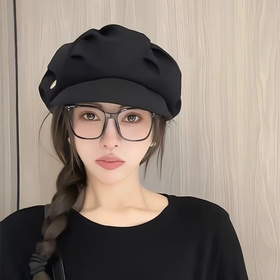 Pleated Cloud For Women 2024 Korean Style Octagonal Hat Large Head Circumference Face Slimming Fashionable Unique Beret_voghion.com