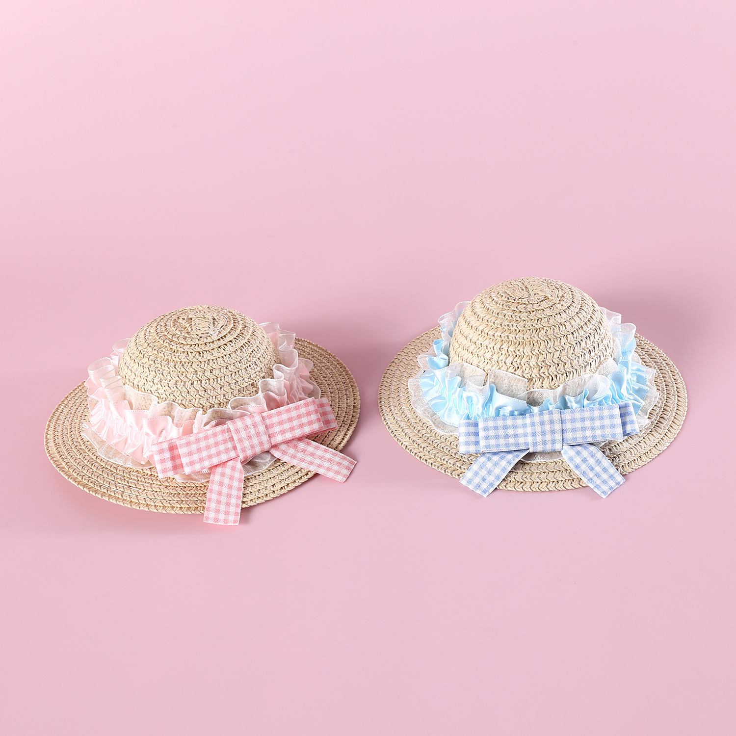 Pet tejido rosa azul encaje sombrero de paja cuadrícula arco princesa gatos cachorros viajes sombrero accesorios