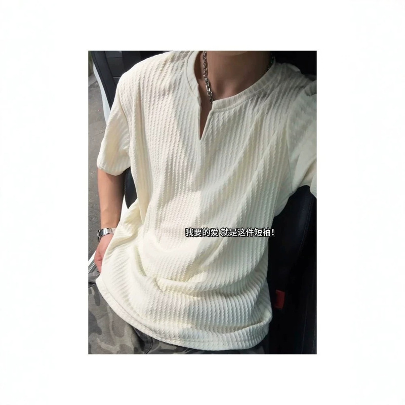 Textured V-Neck Short-Sleeved T-Shirt for Men, Summer American-Style Cleanfit, Handsome Half-Sleeved Loose-Fitting Half-Sleeved T-Shirt for Men