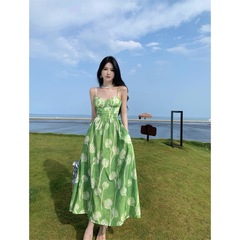 レトロなストラップワンピース女性夏海辺休暇ビーチスカート緑大花高腰ロングスカート腰ストラップスカート