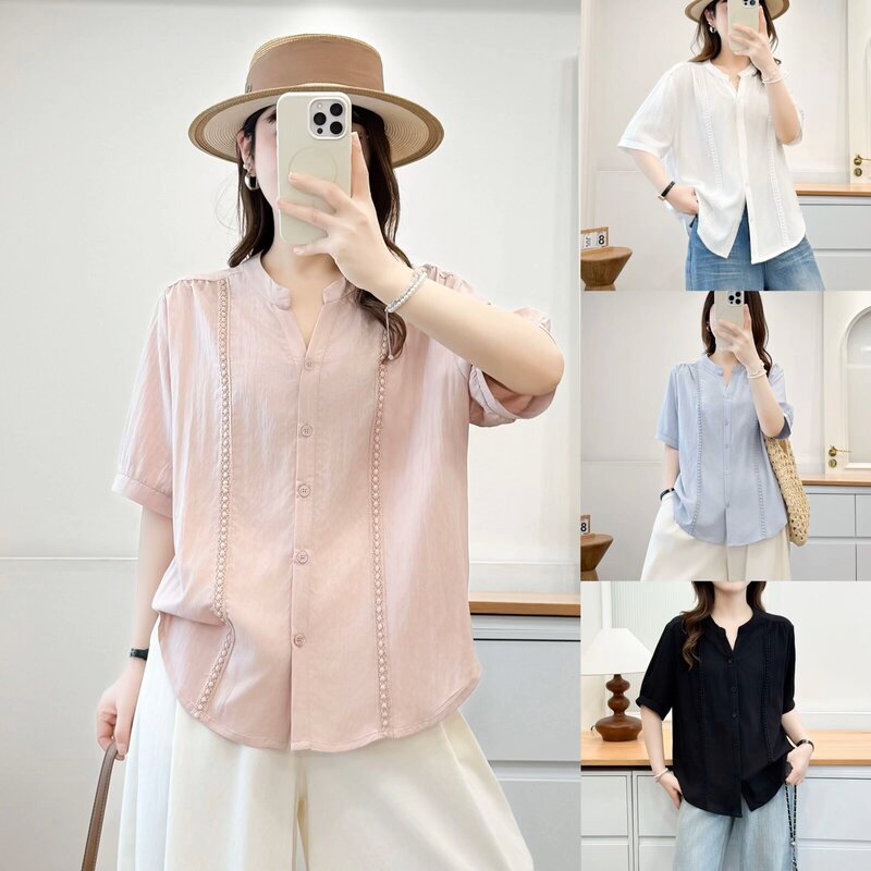 2026 Summer New Style French V-Neck Lace Shirt, Plus-Size Women's Short-Sleeve Loose Fit, Slimming, Versatile, Elegant Solid Color Top
