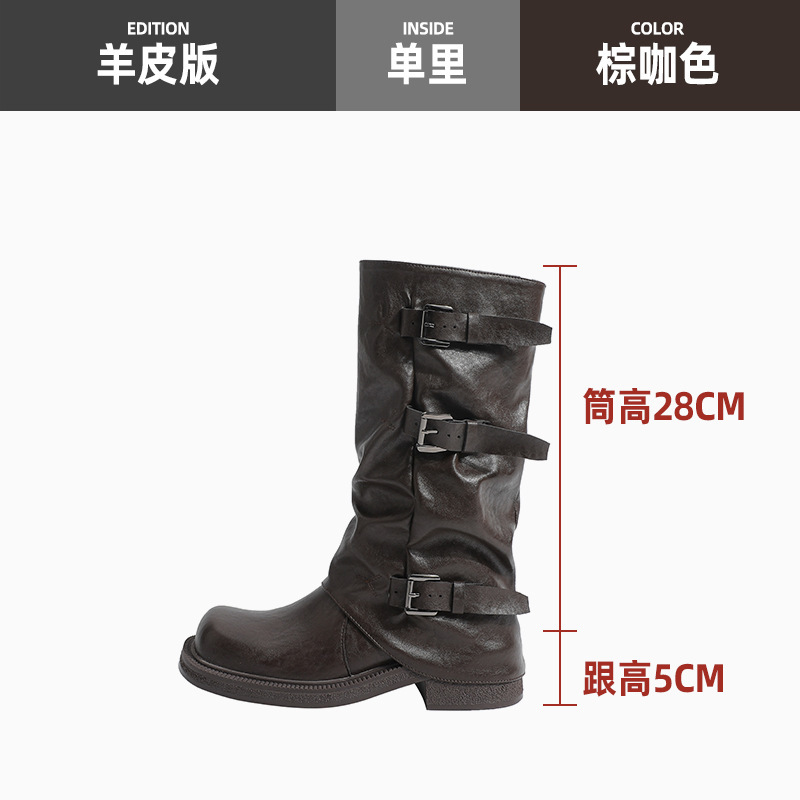 真皮~皮带扣黑色中筒裤管靴女堆堆靴长筒靴骑士靴西部牛仔靴|undefined