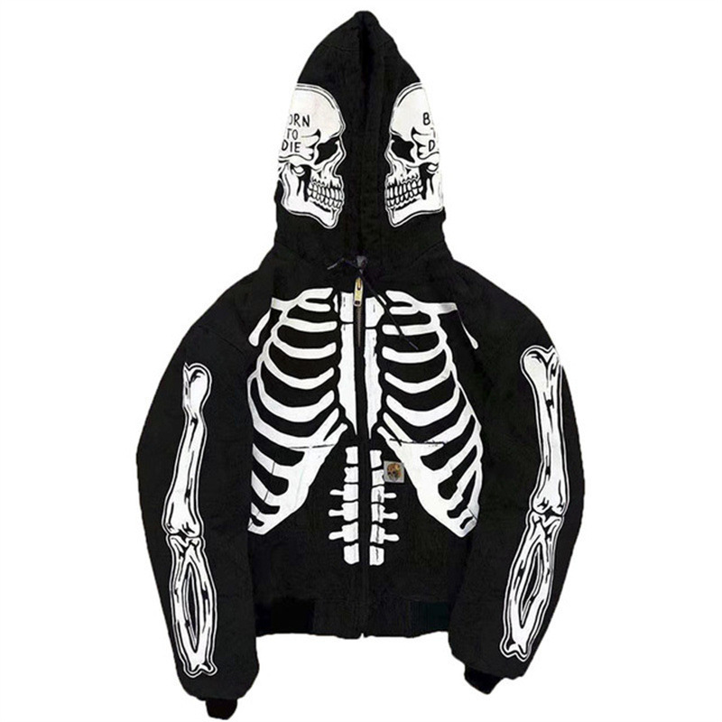 2023 new cross-border Amazon men's Spring and Autumn New 3D print skull hooded sweater zipper cardigan