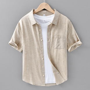 Summer Thin Men's Linen Short-sleeved Shirt Casual Cotton and Linen Shirt Men's Linen Solid Color Simple Half-sleeved Top 205
