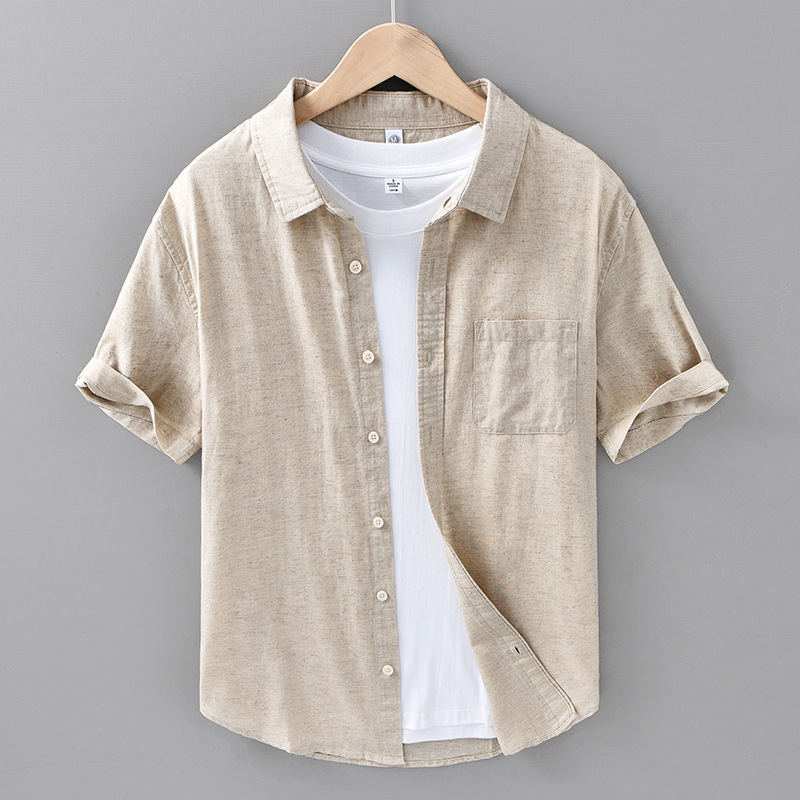Summer Thin Men's Linen Short-sleeved Shirt Casual Cotton and Linen Shirt Men's Linen Solid Color Simple Half-sleeved Top 205