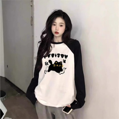 大きいサイズの200斤の純綿は肩の長袖のtシャツの女性の早秋の底のシャツの設計感を挿し込みます。