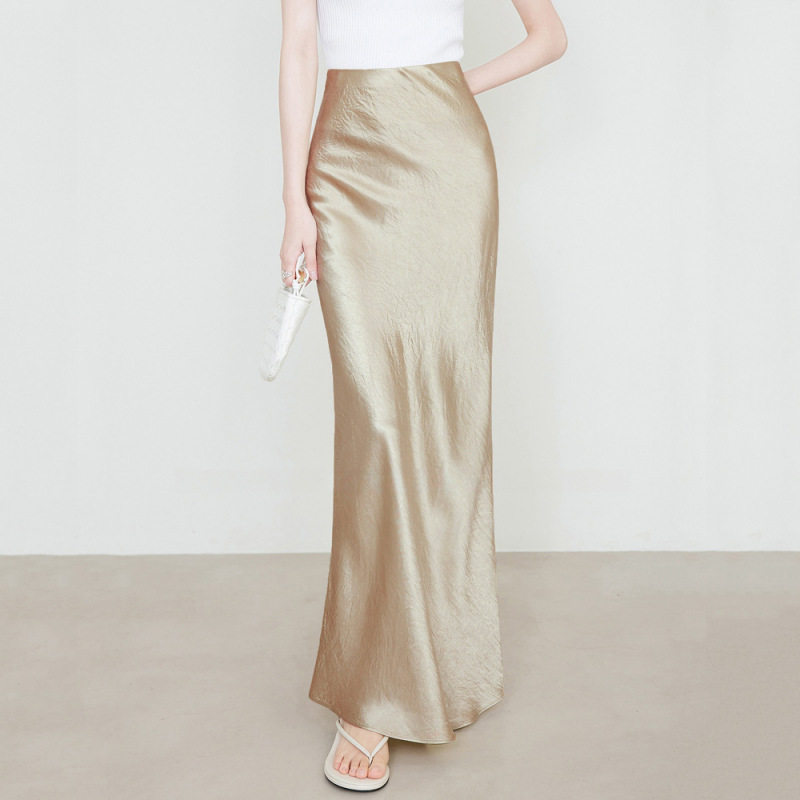 Cross-border Women's Summer Satin Skirt High Waist Loose Hand-grip Pattern Long Skirt European and American Elegant Solid Color Long Skirt Cross-border Women's Summer Satin Skirt High Waist Loose Hand-grip Pattern Long Skirt European and American Elegant Solid Color Long Skirt