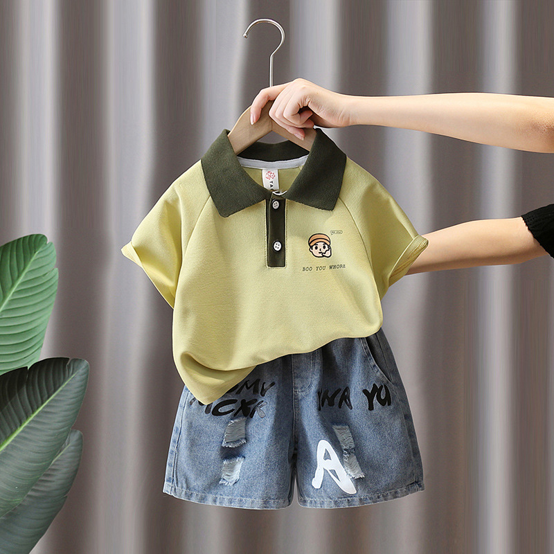 7427 Traje de verano para niños 2025 Nuevo vestido de verano para niños Camisa polo de manga corta de dos piezas Ropa delgada coreana