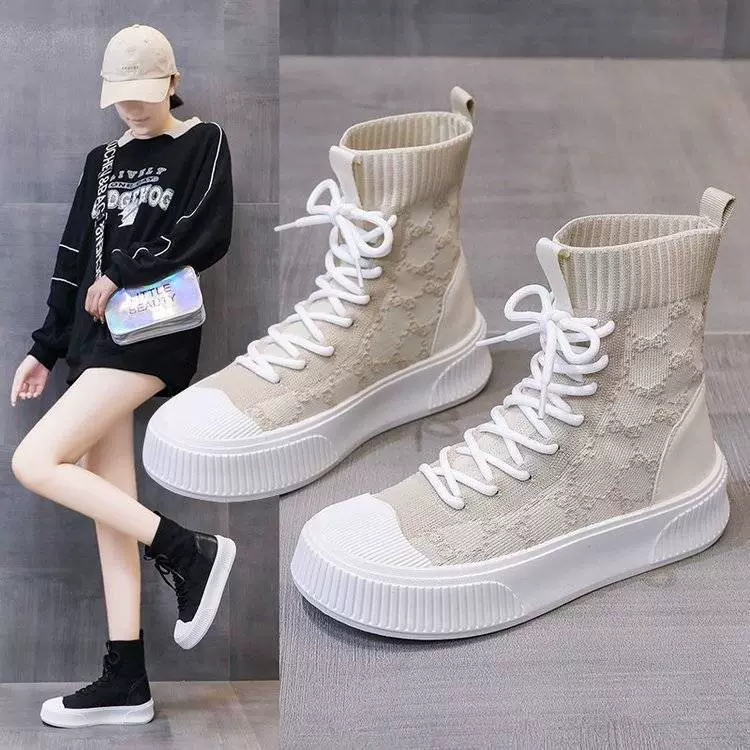 Женские туфли короткие сапоги женские толстые донные летающие туфли 2024 весна и осень новые эластичные носки обувь женские сапоги с круглой головой тонкие сапоги