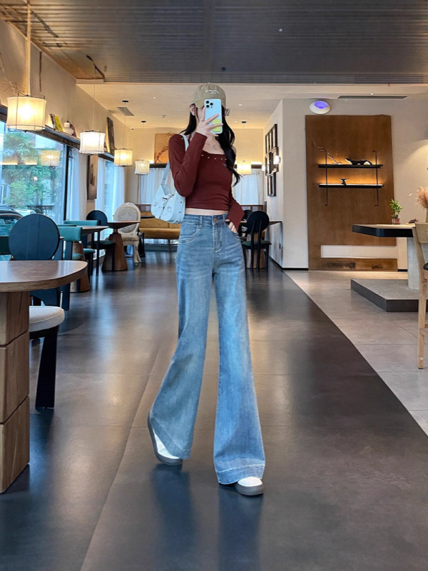 复古弹力喇叭牛仔裤女长裤春秋季新款弹力垂感拖地喇叭拖地裤子|undefined